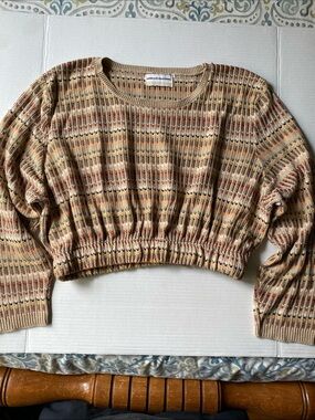 Alfred Dunner boho vintage Striped Cropped Knit Sweater in Tan, Mustard & Rust